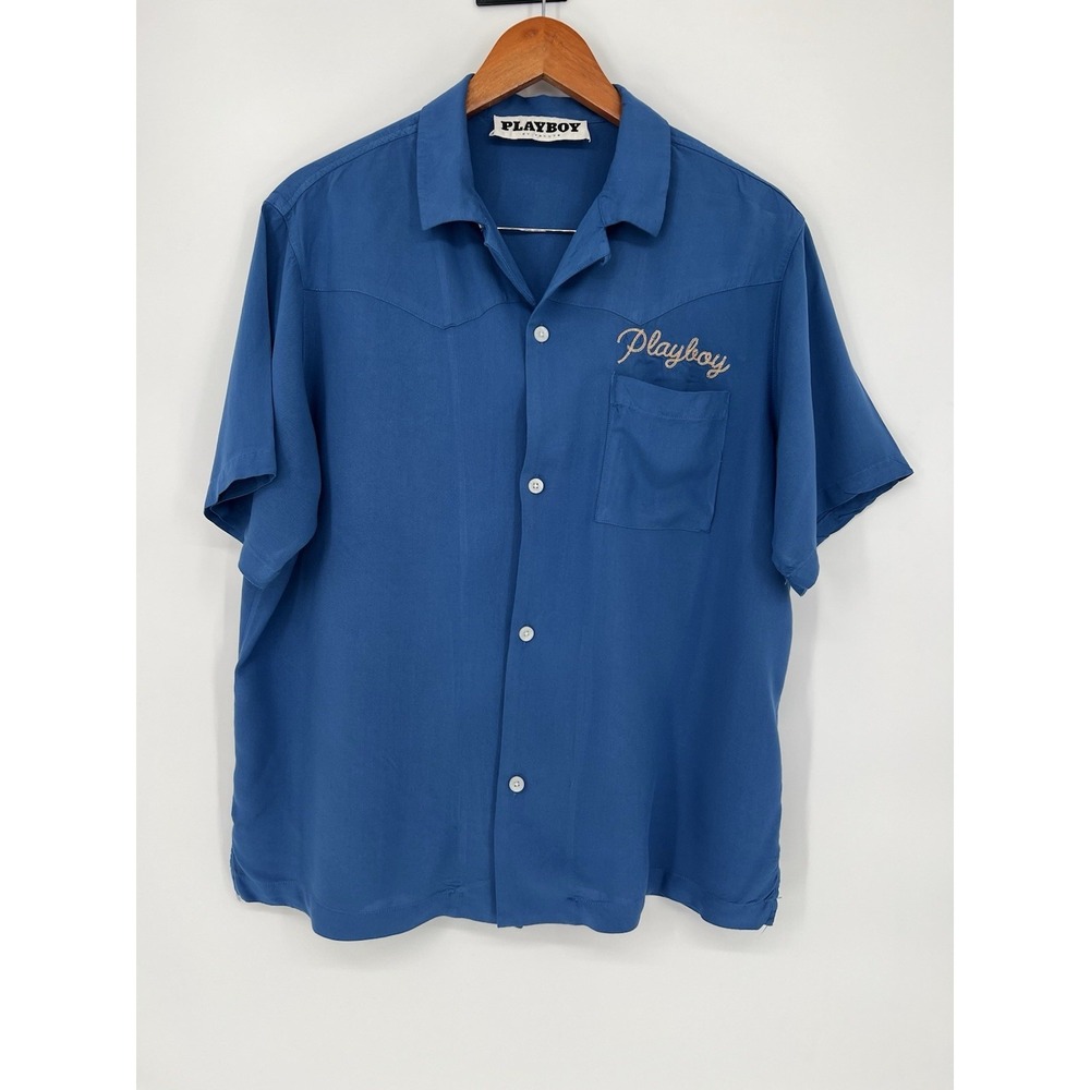 Pacsun Bowling Button Down Shirt Playboy Logo Pocket Blue Short Sleeve Size M